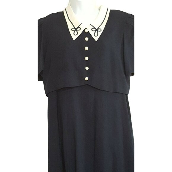 Vintage Womens Dress L Navy Blue White Piping Long Pearl Buttons Cottage core - Picture 4 of 9